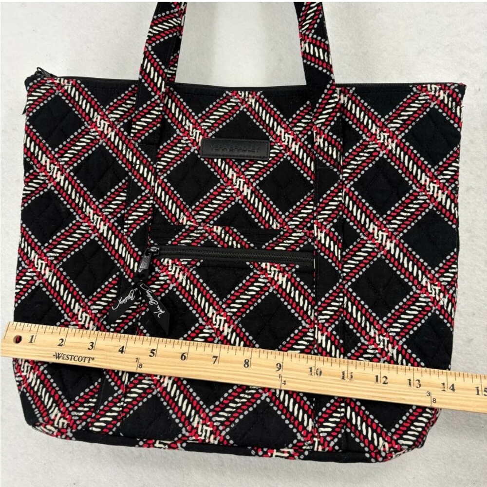 Vera Bradley Quilted Tote Handbag Minsk Plaid Black Red Zip Top Shoulder Bag - Picture 5 of 7